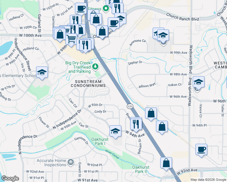 map of restaurants, bars, coffee shops, grocery stores, and more near 9604 Brentwood Way in Westminster
