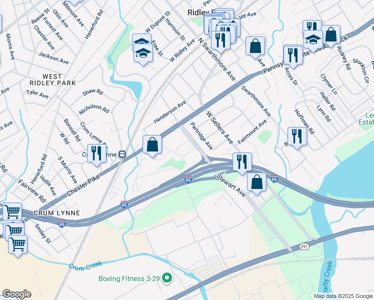 map of restaurants, bars, coffee shops, grocery stores, and more near 47 Hetzel Road in Ridley Park
