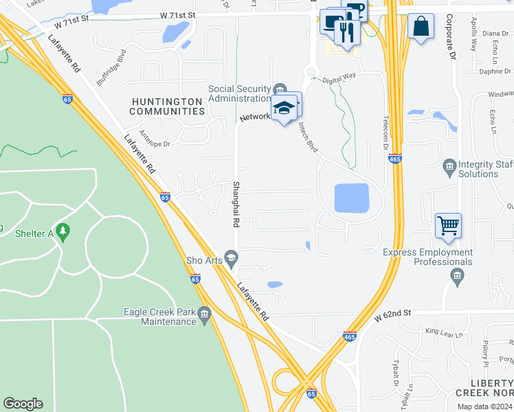 map of restaurants, bars, coffee shops, grocery stores, and more near 6634 Oakview Drive North in Indianapolis