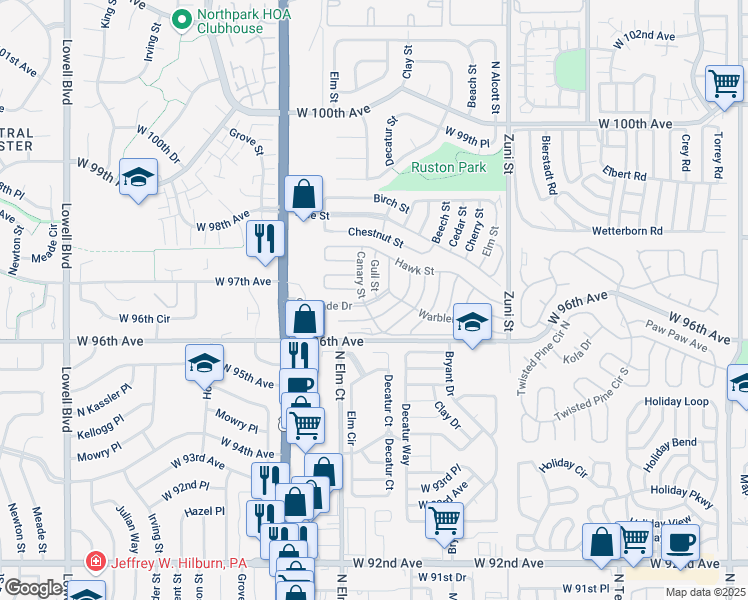 map of restaurants, bars, coffee shops, grocery stores, and more near 2860 Oriole Street in Denver