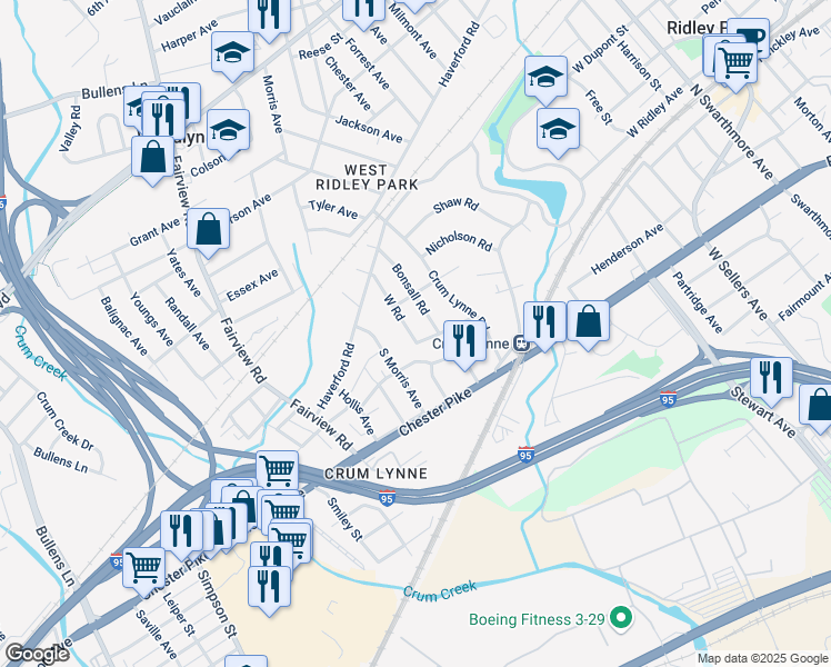 map of restaurants, bars, coffee shops, grocery stores, and more near 407 West Road in Ridley Park