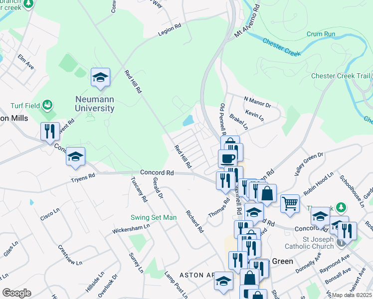 map of restaurants, bars, coffee shops, grocery stores, and more near 80 1st Avenue in Media
