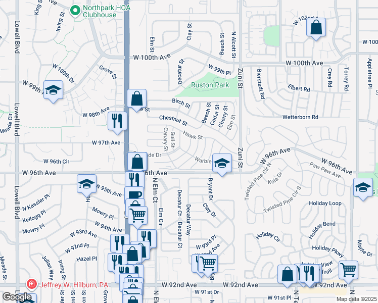 map of restaurants, bars, coffee shops, grocery stores, and more near 9631 Lark Street in Denver