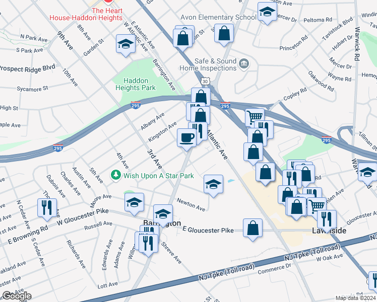 map of restaurants, bars, coffee shops, grocery stores, and more near 130 Trenton Avenue in Barrington