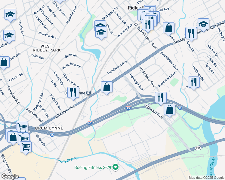 map of restaurants, bars, coffee shops, grocery stores, and more near 4 Collier Circle in Ridley Park