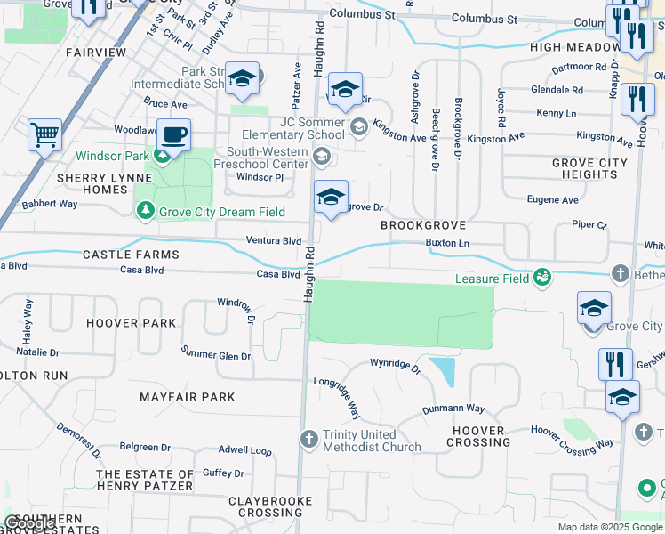 map of restaurants, bars, coffee shops, grocery stores, and more near 3054 Mulberry Court in Grove City