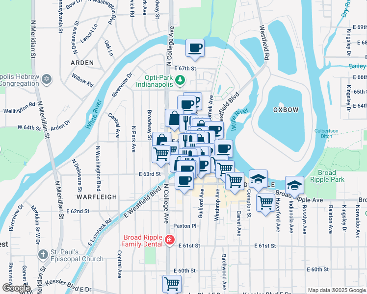 map of restaurants, bars, coffee shops, grocery stores, and more near 712 East 63rd Place in Indianapolis