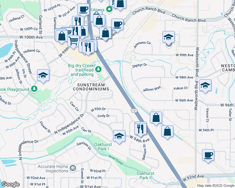 map of restaurants, bars, coffee shops, grocery stores, and more near 9604 Brentwood Way in Westminster