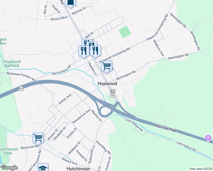 map of restaurants, bars, coffee shops, grocery stores, and more near U.S. 40 Business in Hopwood