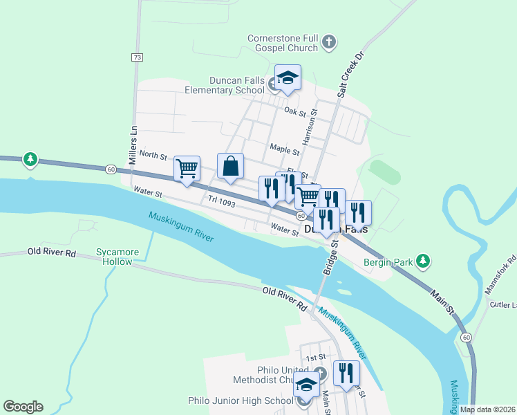 map of restaurants, bars, coffee shops, grocery stores, and more near 306 Water Street in Duncan Falls