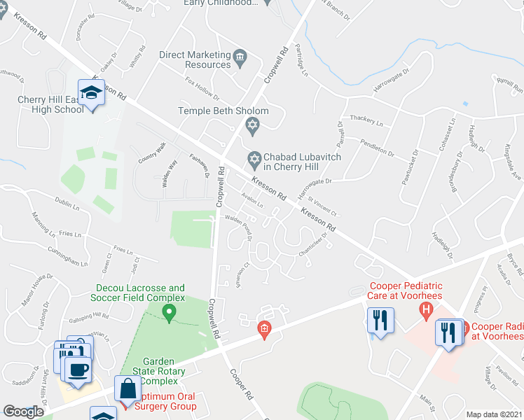 map of restaurants, bars, coffee shops, grocery stores, and more near 733 Chanticleer in Cherry Hill