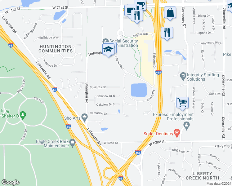 map of restaurants, bars, coffee shops, grocery stores, and more near 6448 Oakview Drive North in Indianapolis