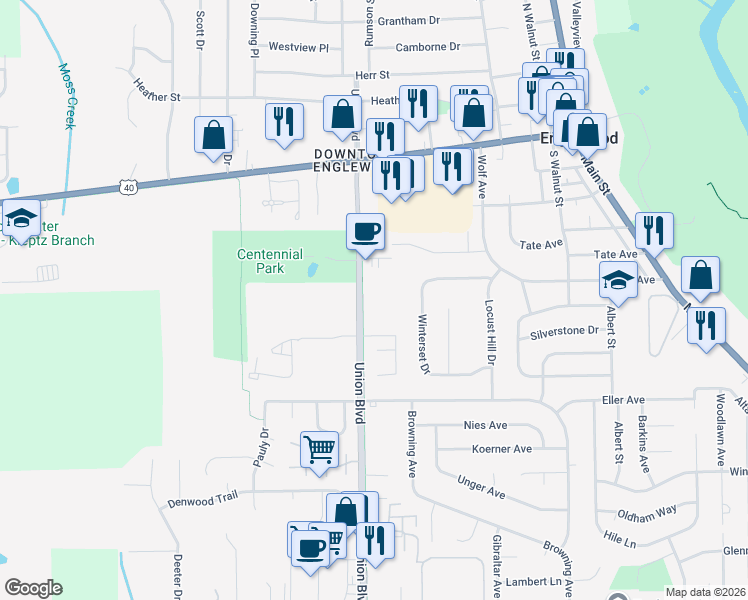 map of restaurants, bars, coffee shops, grocery stores, and more near 350 Union Boulevard in Englewood