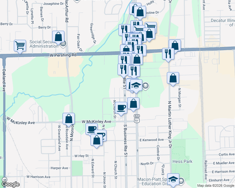 map of restaurants, bars, coffee shops, grocery stores, and more near 2798 North Church Street in Decatur