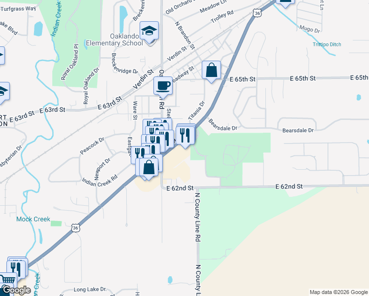 map of restaurants, bars, coffee shops, grocery stores, and more near 11915 Pendleton Pike in Lawrence