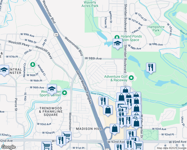map of restaurants, bars, coffee shops, grocery stores, and more near 9753 Depew Street in Westminster
