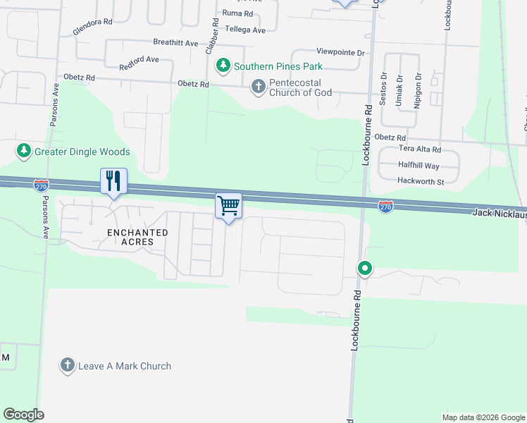 map of restaurants, bars, coffee shops, grocery stores, and more near Jack Nicklaus Freeway in Columbus