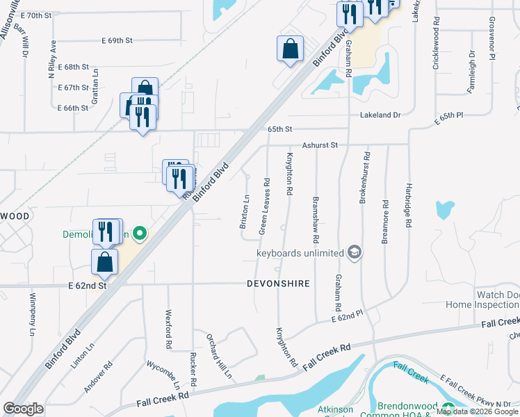 map of restaurants, bars, coffee shops, grocery stores, and more near 6357 Green Leaves Road in Indianapolis