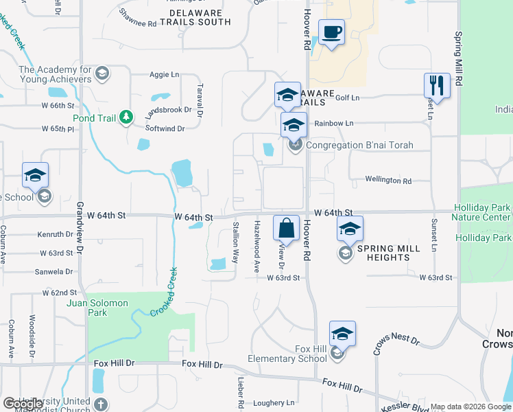 map of restaurants, bars, coffee shops, grocery stores, and more near 6411 Park Central Drive in Indianapolis