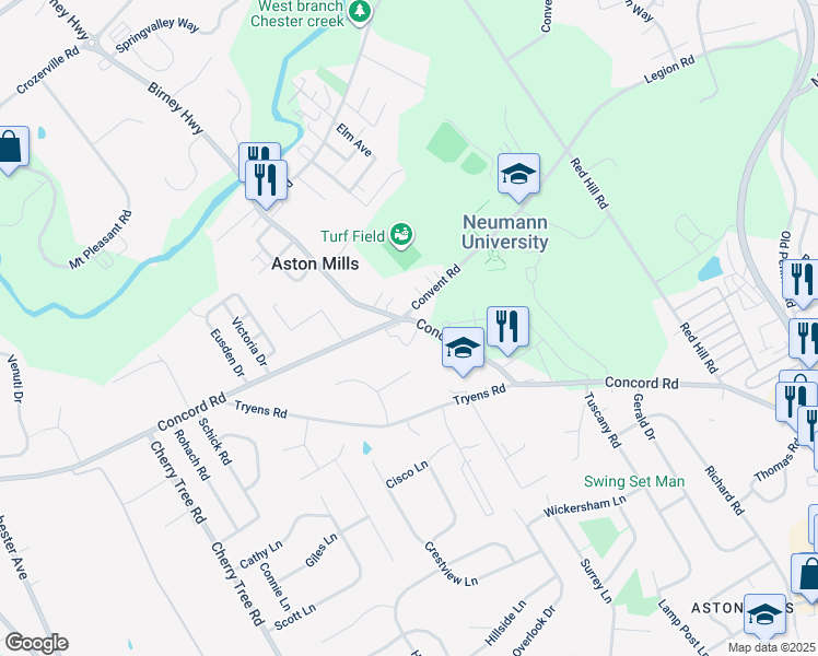 map of restaurants, bars, coffee shops, grocery stores, and more near 600 Convent Road in Aston