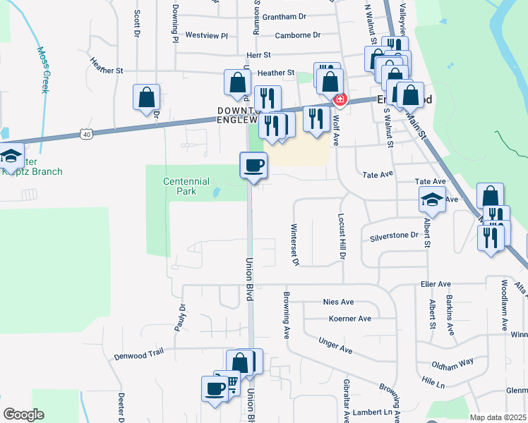 map of restaurants, bars, coffee shops, grocery stores, and more near 350 Union Boulevard in Englewood