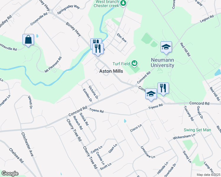 map of restaurants, bars, coffee shops, grocery stores, and more near 7 Colonial Way in Aston