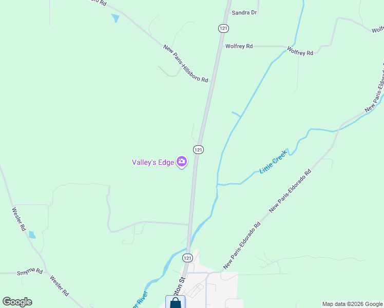 map of restaurants, bars, coffee shops, grocery stores, and more near 8417 Ohio 121 in New Paris