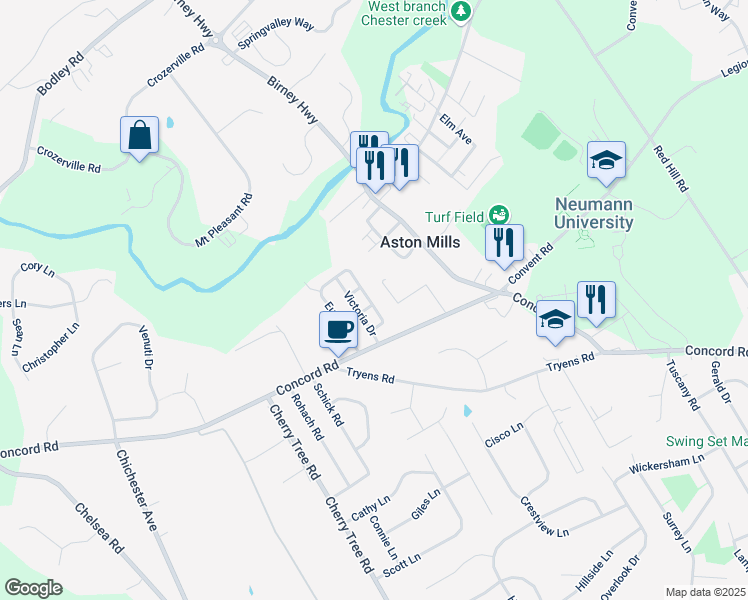 map of restaurants, bars, coffee shops, grocery stores, and more near 32 Victoria Drive in Aston