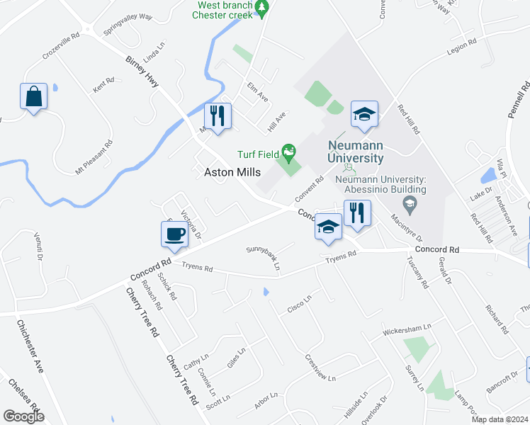 map of restaurants, bars, coffee shops, grocery stores, and more near 4130 Concord Road in Aston