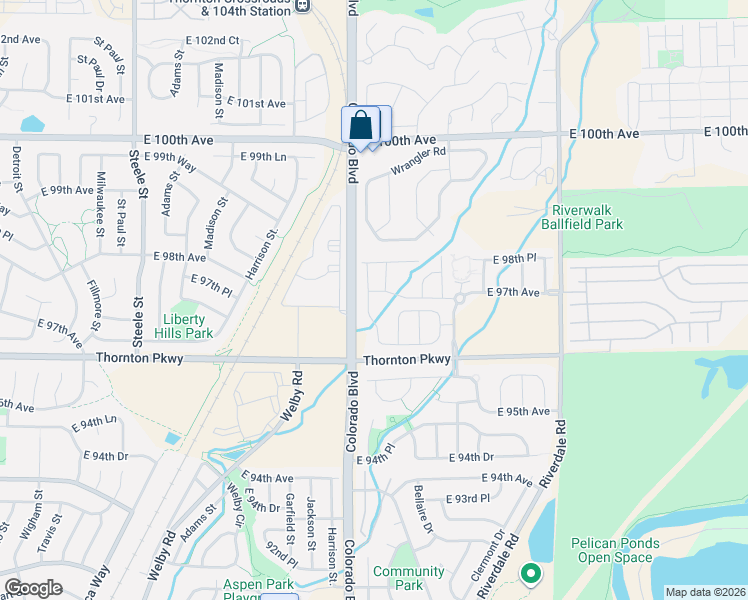 map of restaurants, bars, coffee shops, grocery stores, and more near 9745 Albion Lane in Thornton