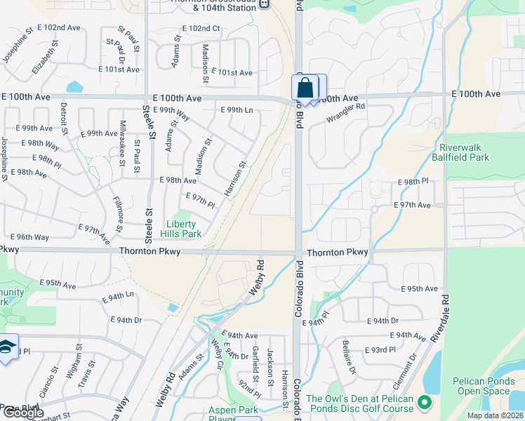map of restaurants, bars, coffee shops, grocery stores, and more near 9820 Harrison Street in Thornton