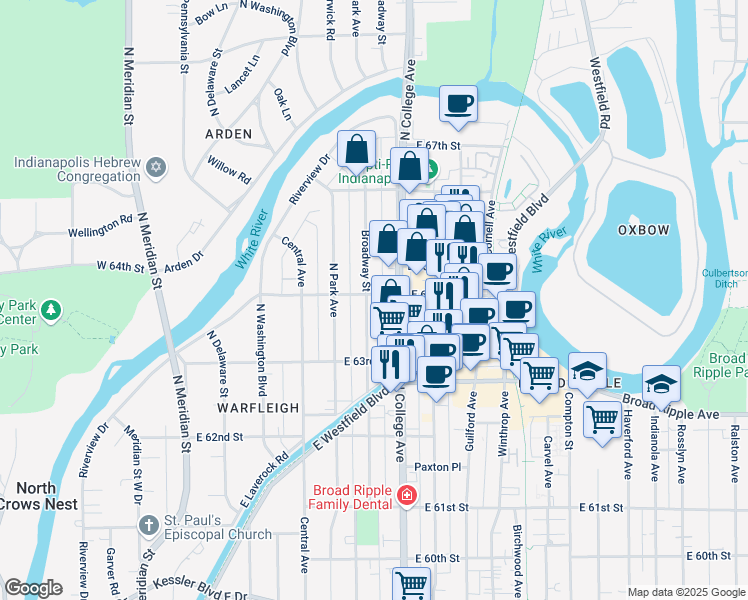 map of restaurants, bars, coffee shops, grocery stores, and more near 6412 Broadway Street in Indianapolis