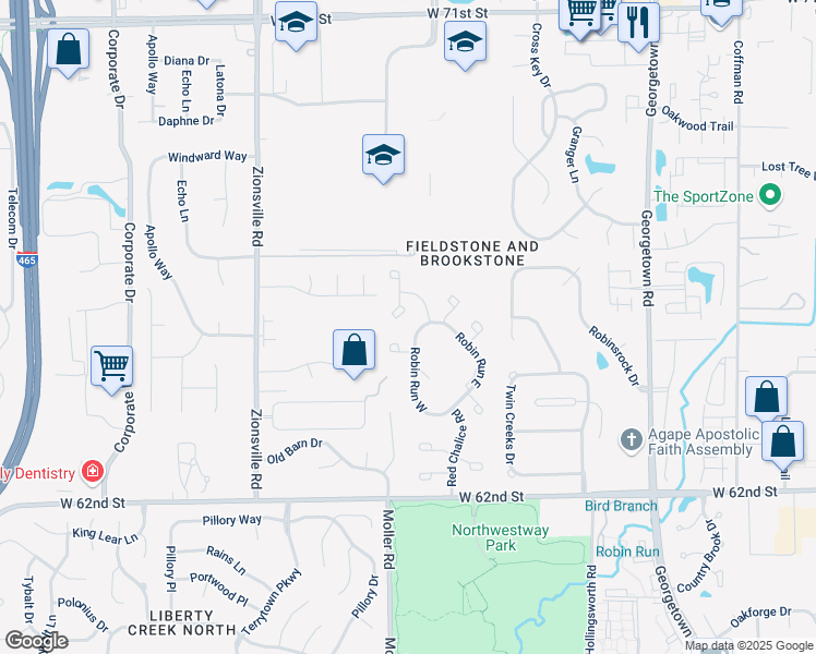 map of restaurants, bars, coffee shops, grocery stores, and more near 6424 Peace Place in Indianapolis