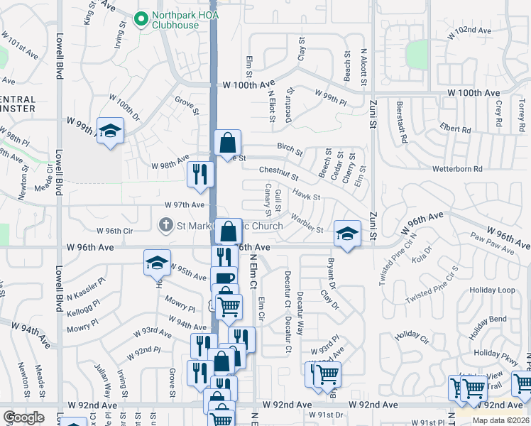 map of restaurants, bars, coffee shops, grocery stores, and more near 2920 Falcon Street in Denver
