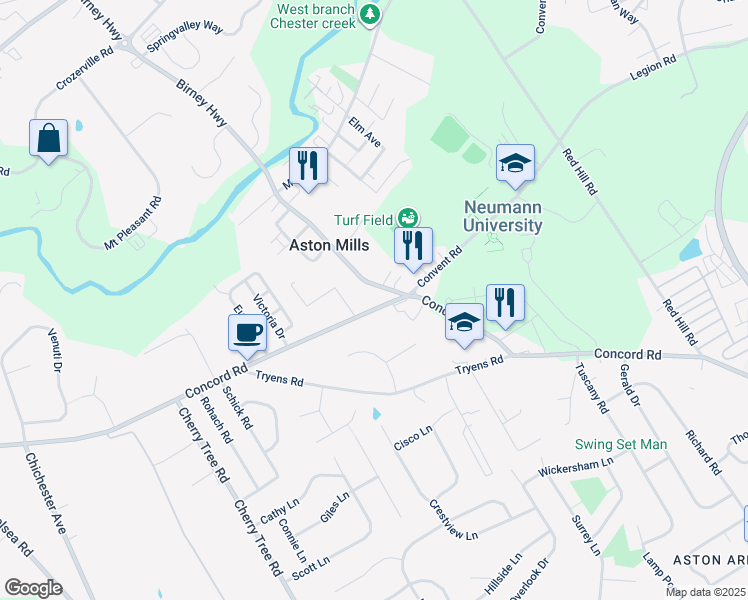 map of restaurants, bars, coffee shops, grocery stores, and more near 4130 Concord Road in Aston