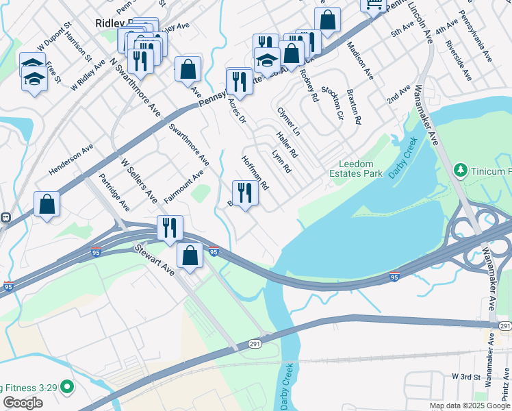 map of restaurants, bars, coffee shops, grocery stores, and more near 219 Stoney Hill Road in Ridley Park