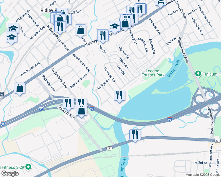 map of restaurants, bars, coffee shops, grocery stores, and more near 219 Stoney Hill Road in Ridley Park