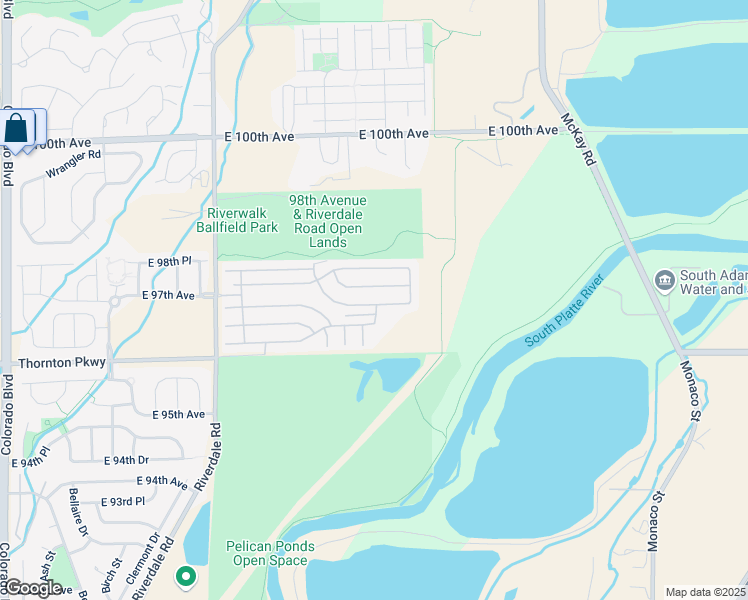map of restaurants, bars, coffee shops, grocery stores, and more near 5405 Riverdale Way in Thornton