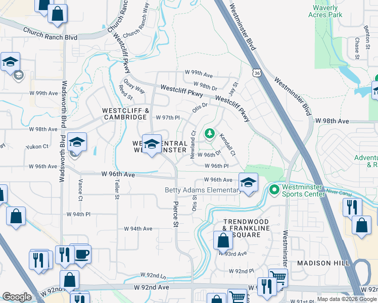 map of restaurants, bars, coffee shops, grocery stores, and more near 9687 Newland Court in Westminster