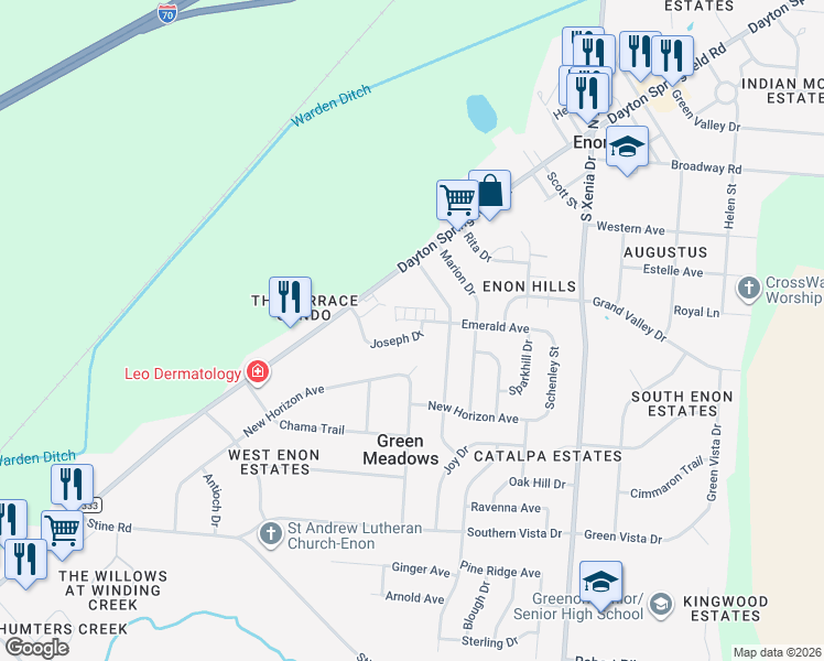 map of restaurants, bars, coffee shops, grocery stores, and more near 7040 Emerald Avenue in Enon