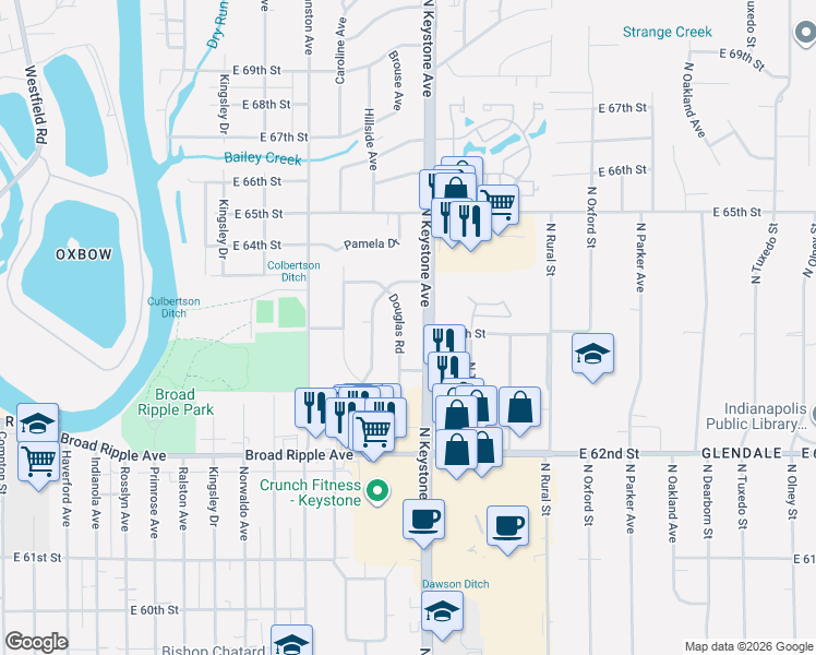 map of restaurants, bars, coffee shops, grocery stores, and more near 6332 North Keystone Avenue in Indianapolis