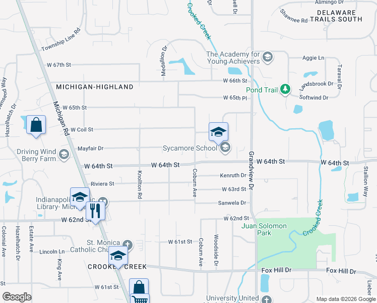 map of restaurants, bars, coffee shops, grocery stores, and more near 1914 Mayfair Drive in Indianapolis