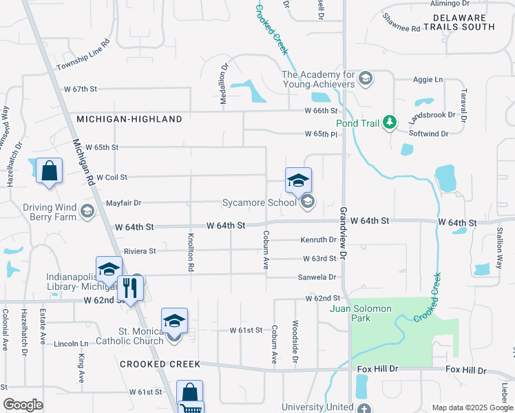 map of restaurants, bars, coffee shops, grocery stores, and more near 1914 Mayfair Drive in Indianapolis