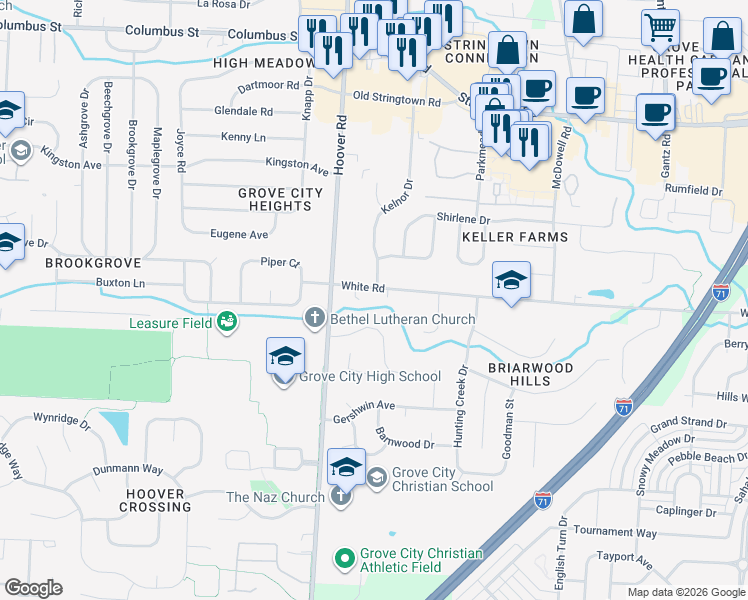 map of restaurants, bars, coffee shops, grocery stores, and more near 2436 White Road in Grove City