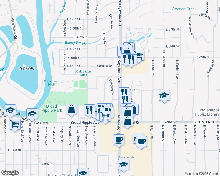 map of restaurants, bars, coffee shops, grocery stores, and more near 6331 Burlington Avenue in Indianapolis