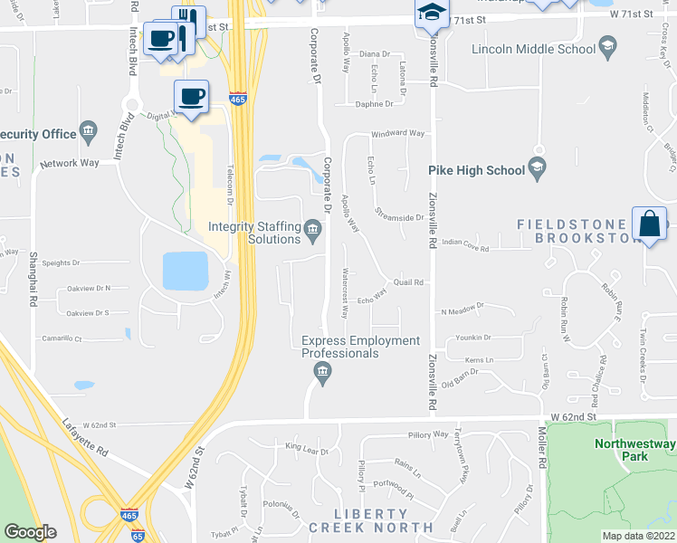 map of restaurants, bars, coffee shops, grocery stores, and more near 6428 Watercrest Way in Indianapolis