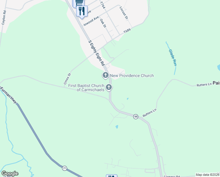 map of restaurants, bars, coffee shops, grocery stores, and more near 768 Pennsylvania 88 in Carmichaels