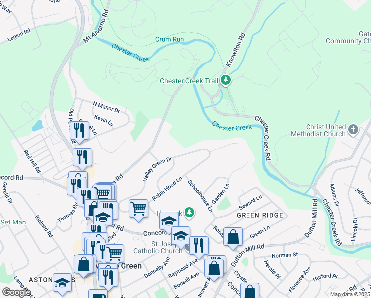map of restaurants, bars, coffee shops, grocery stores, and more near 217 Valley Green Drive in Aston