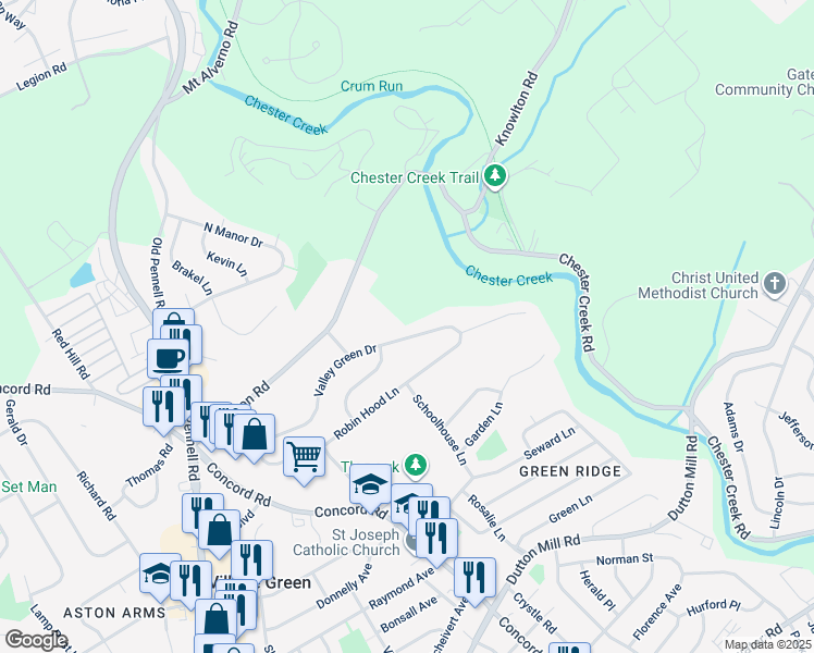 map of restaurants, bars, coffee shops, grocery stores, and more near 217 Valley Green Drive in Aston