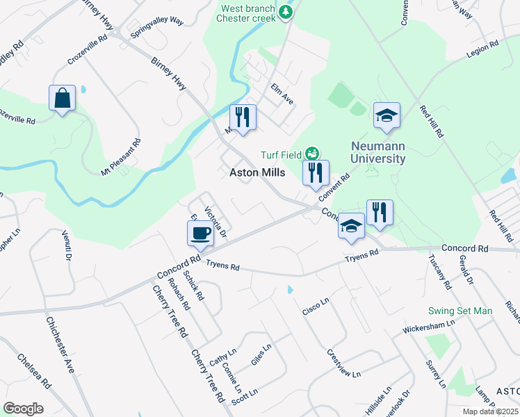 map of restaurants, bars, coffee shops, grocery stores, and more near 3 Colonial Way in Aston